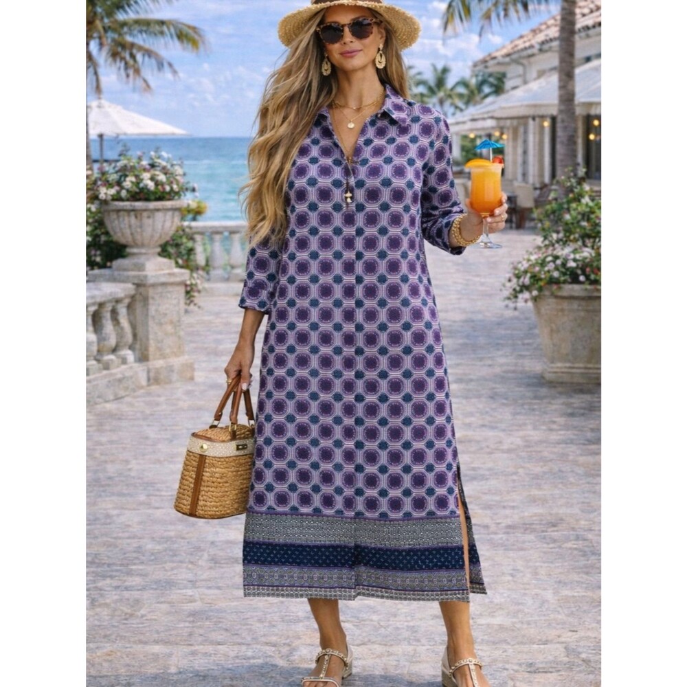 Chicos Boho Print Shirt Dress Size 3 Button Front Midi Resort 3/4 Sleeve